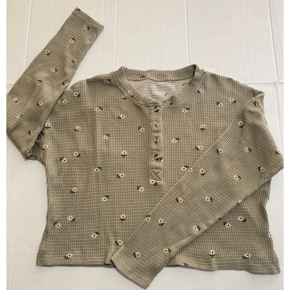 Gilly Hicks Sage Green Floral Waffle Knit Henley Crop Top Long Sleeve XS